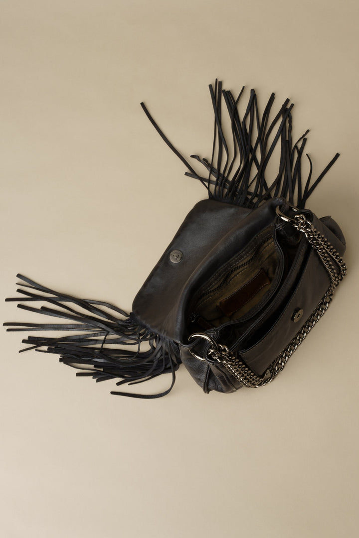 LUSHER Studded Fringe Hobo with Chain Strap - Black, LUSHER AU79 STUDDED FRINGE HOBO WITH CHAIN STRAP