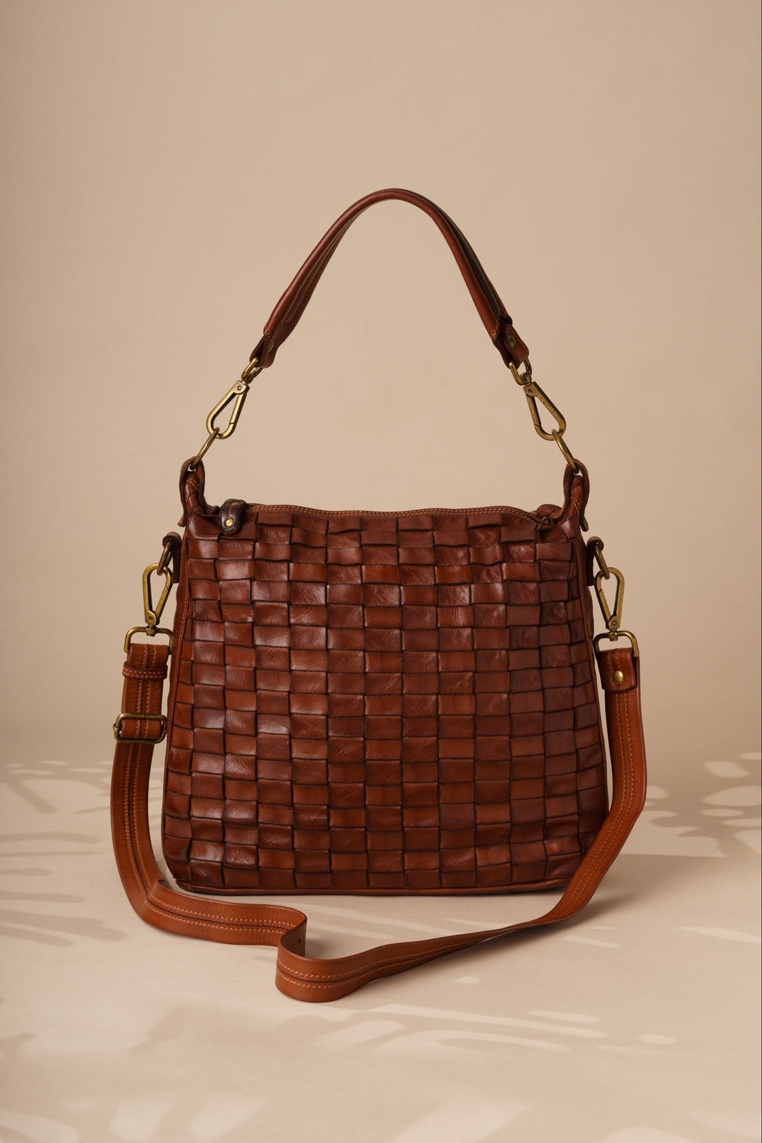 Siena - Handwoven Leather Shoulder & Crossbody Bag With Strap - Cognac | LUSHER