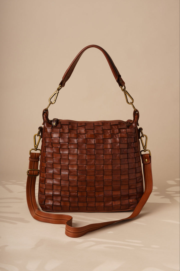 Siena - Handwoven Leather Shoulder & Crossbody Bag With Strap - Cognac | LUSHER