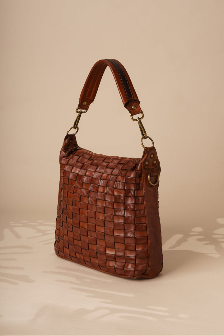 Siena - Handwoven Leather Shoulder & Crossbody Bag Side Veiw - Cognac | LUSHER