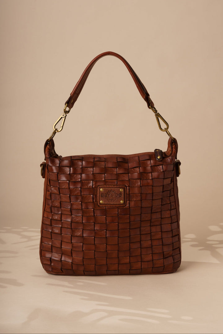Siena - Handwoven Leather Shoulder & Crossbody Bag Back of the Bag - Cognac | LUSHER