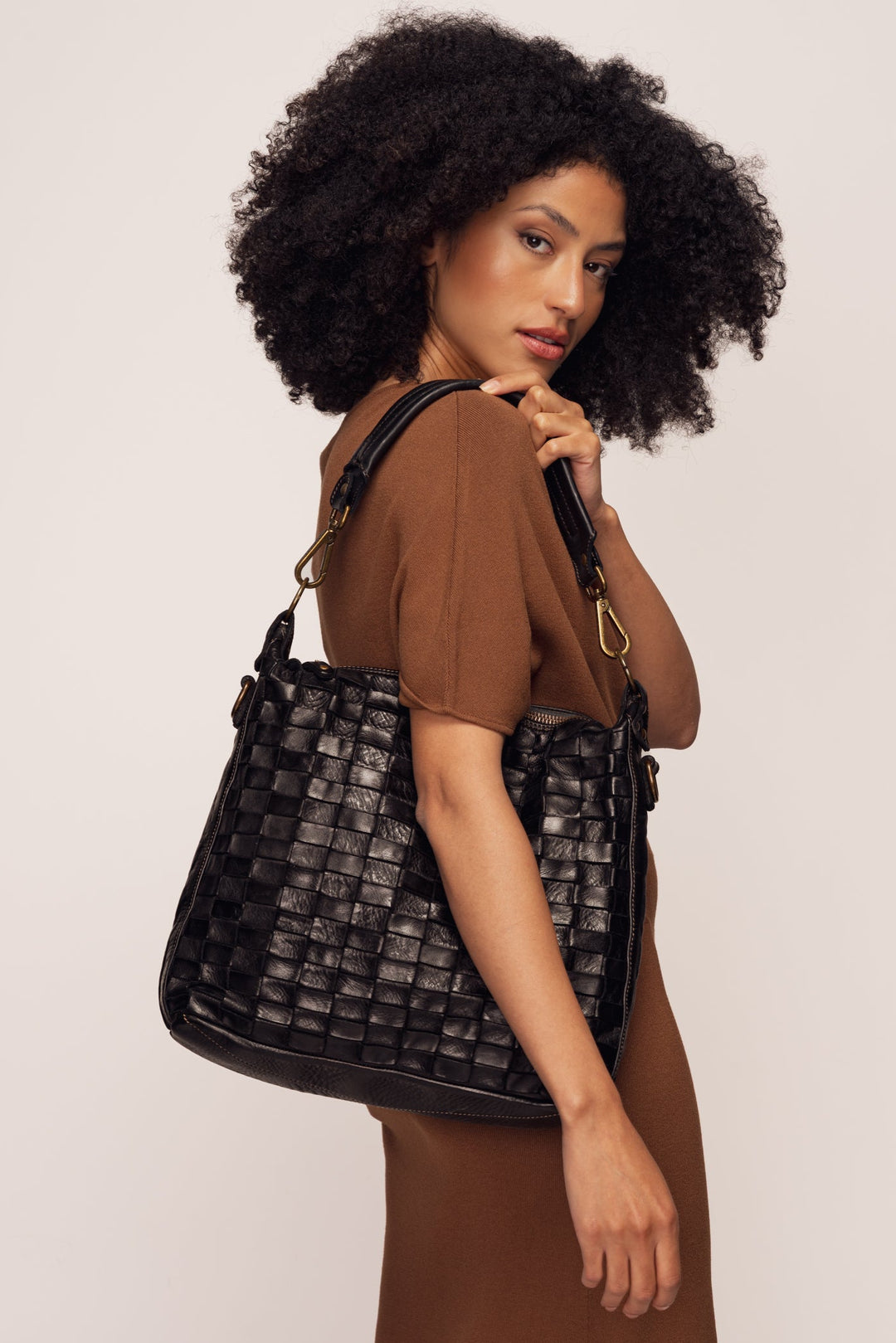 Siena Handwoven Leather Shoulder & Crossbody Bag - Black | LUSHER