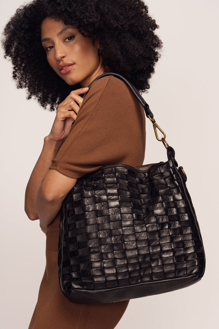 Siena Handwoven Leather Shoulder & Crossbody Bag - Black