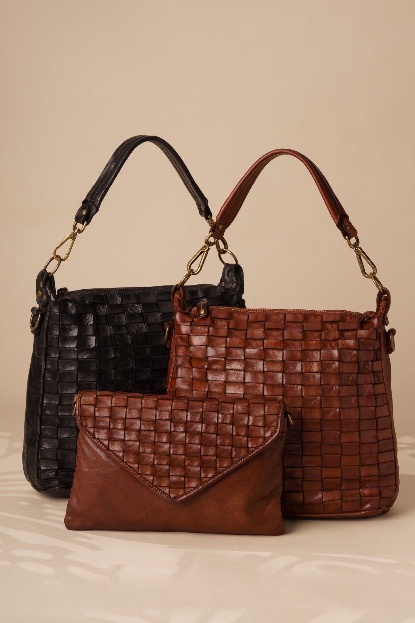 Woven Leather Shoulder Bag and Woven LEATHER Envelope Clutch Crossbody in Cognac and black | LUSHER