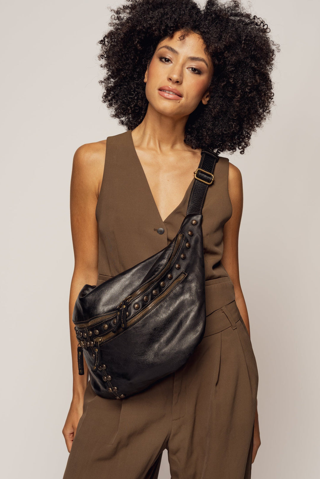 Lusher xl urban sling bag black studded, bayside84 xl urban sling bag, black studded crossbody sling bag, leather studded sling bag, lusher sling bags, 