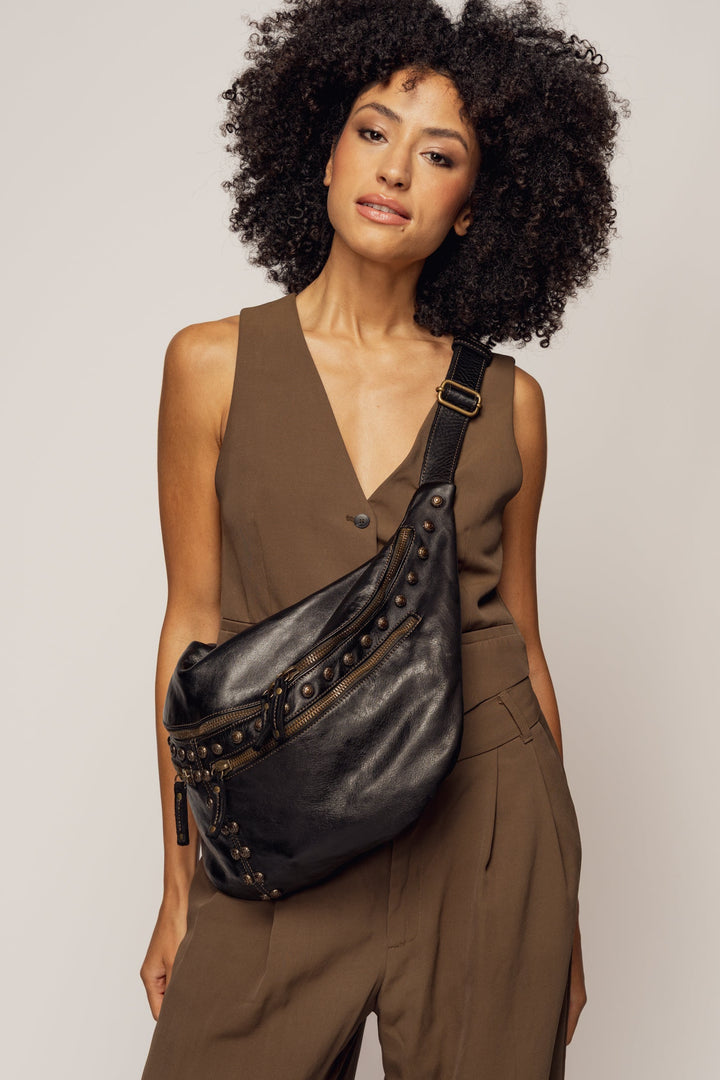 Lusher xl urban sling bag black studded, bayside84 xl urban sling bag, black studded crossbody sling bag, leather studded sling bag, lusher sling bags, 