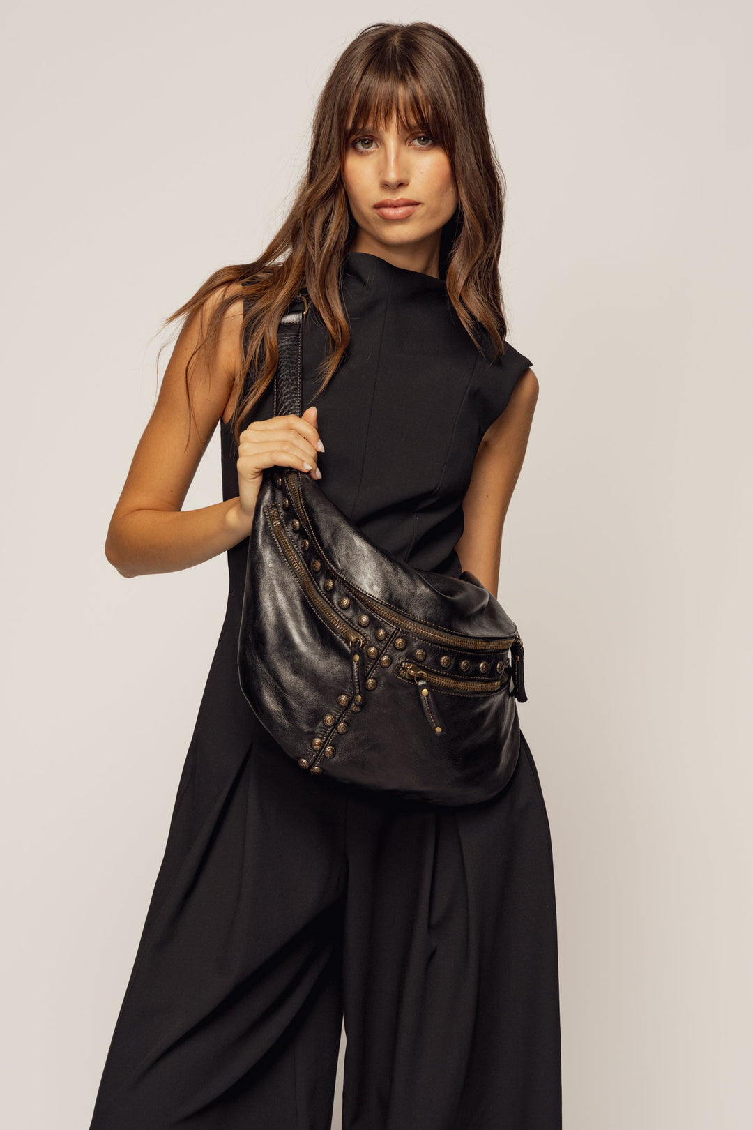 Lusher xl urban sling bag black studded, bayside84 xl urban sling bag, black studded crossbody sling bag, leather studded sling bag, lusher sling bags, 