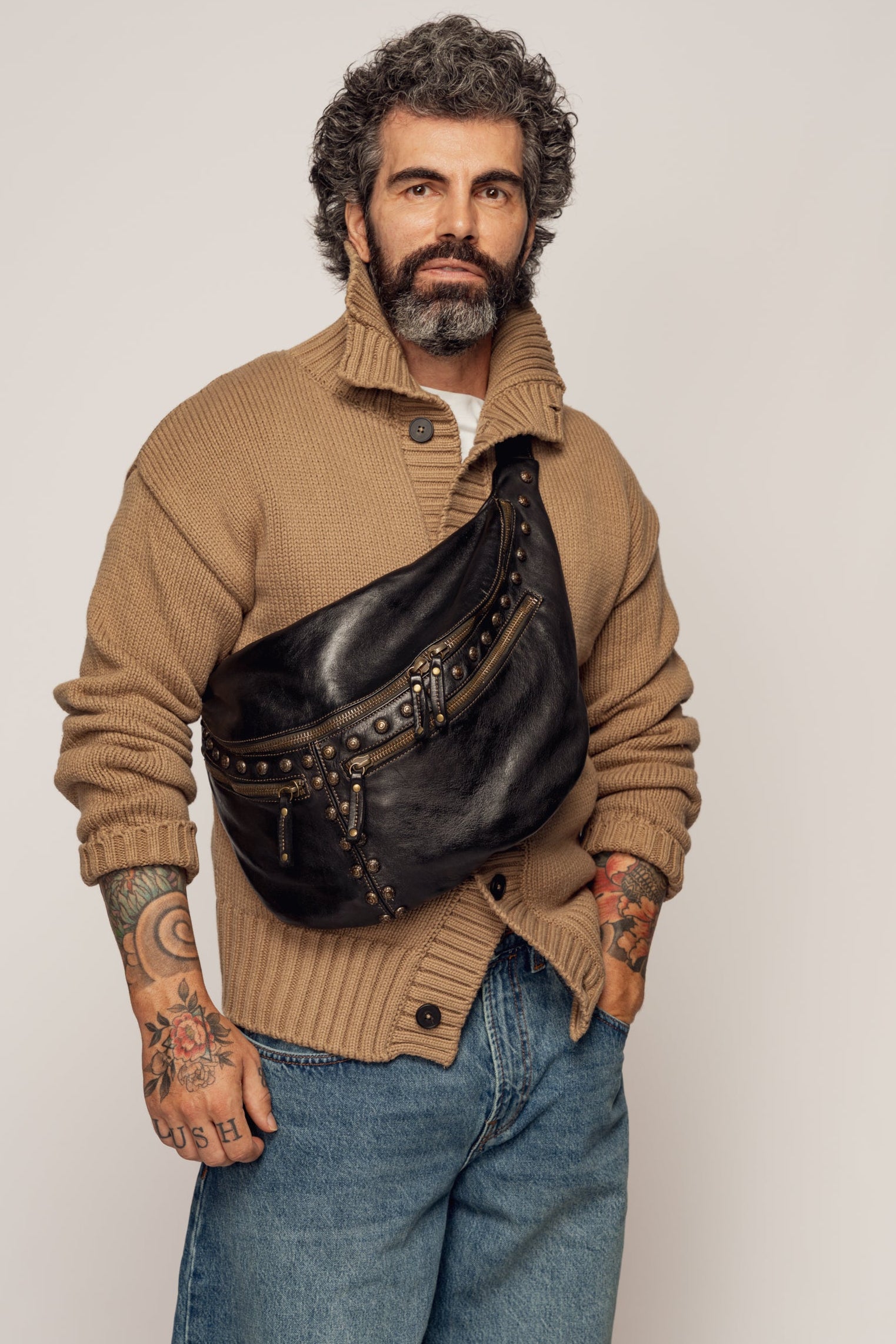 XL Urban Italian Leather Sling Bag - Men's | Black Studded