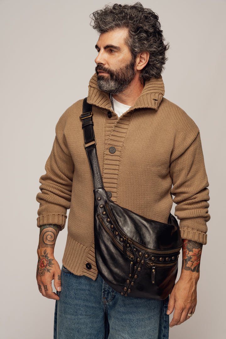 Lusher xl urban sling bag black studded, bayside84 xl urban sling bag, black studded crossbody sling bag, leather studded sling bag, lusher sling bags, 