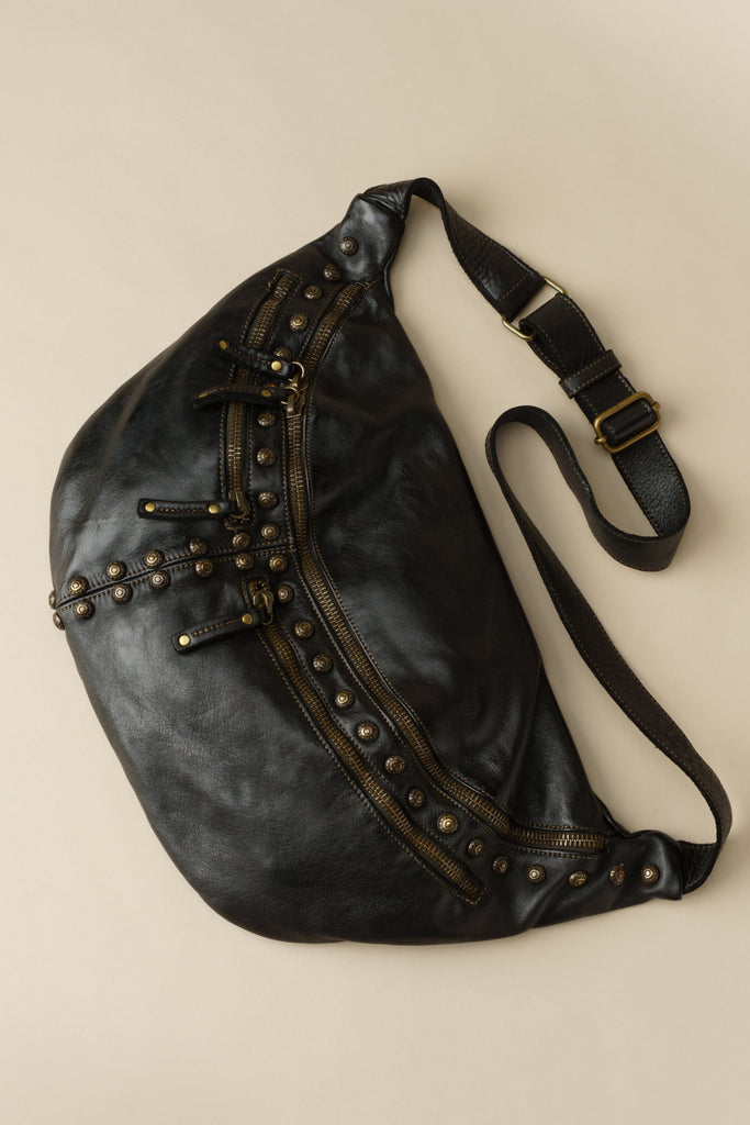 XL Urban Italian Leather Sling Bag - Men's | Black Studded