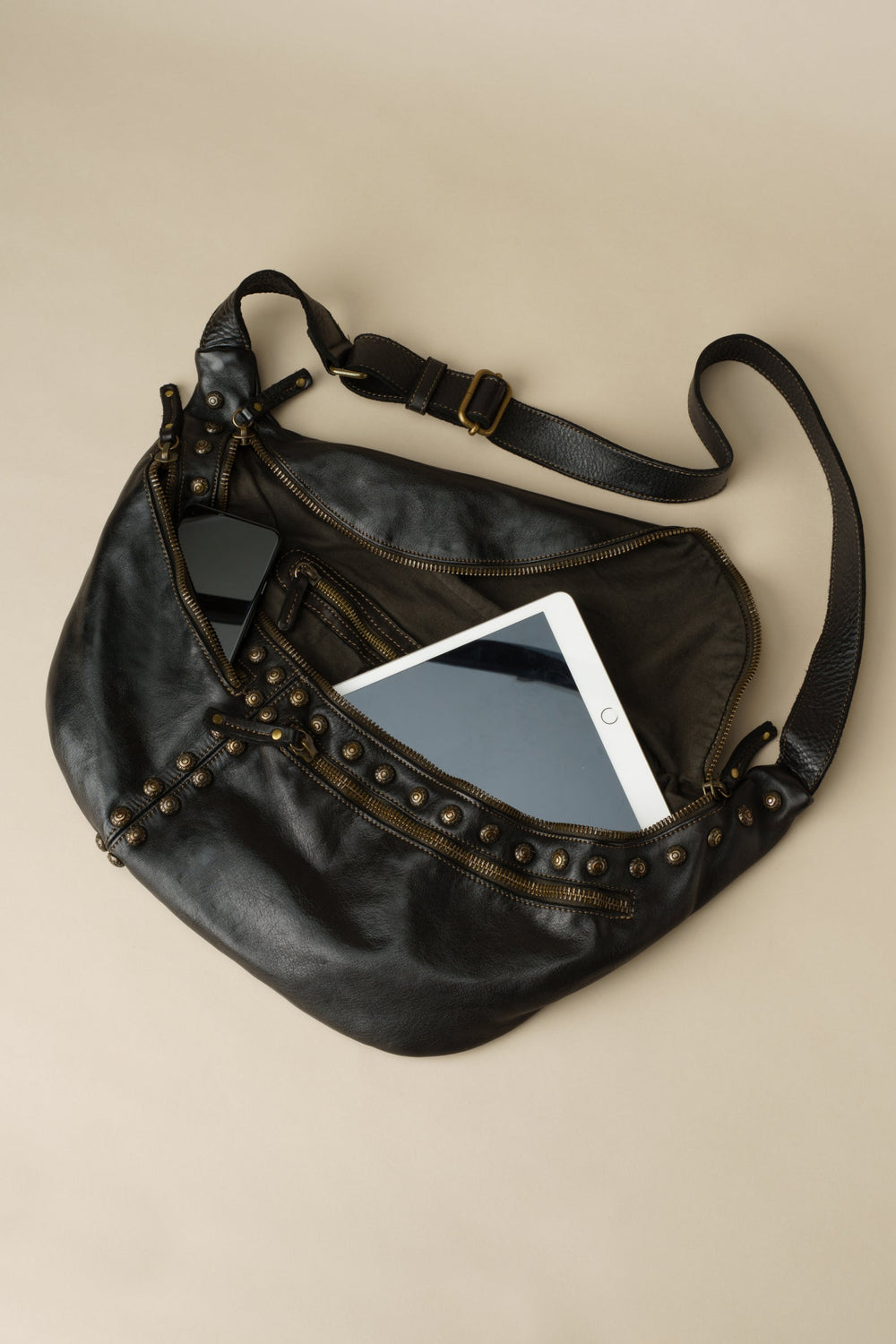 Lusher xl urban sling bag black studded, bayside84 xl urban sling bag, black studded crossbody sling bag, leather studded sling bag, lusher sling bags, iPad sling bag, leather ipad leather sling