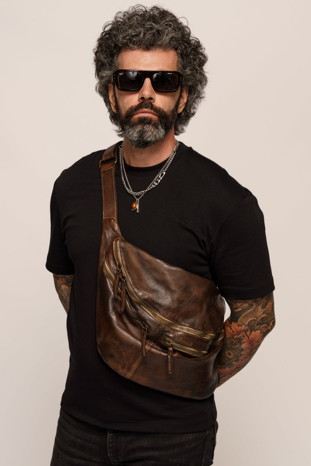 LUSHER MEN'S BROWN XL LEATHER SLING BAG, MEN'S iPad SLING BAG LEATHER, SOFT MEN'S DISTRESSED LEATHER CROSSBODY BAG, MEN'S  BROWN LEATHER SLING BAG, LUSHER SLING BAGS