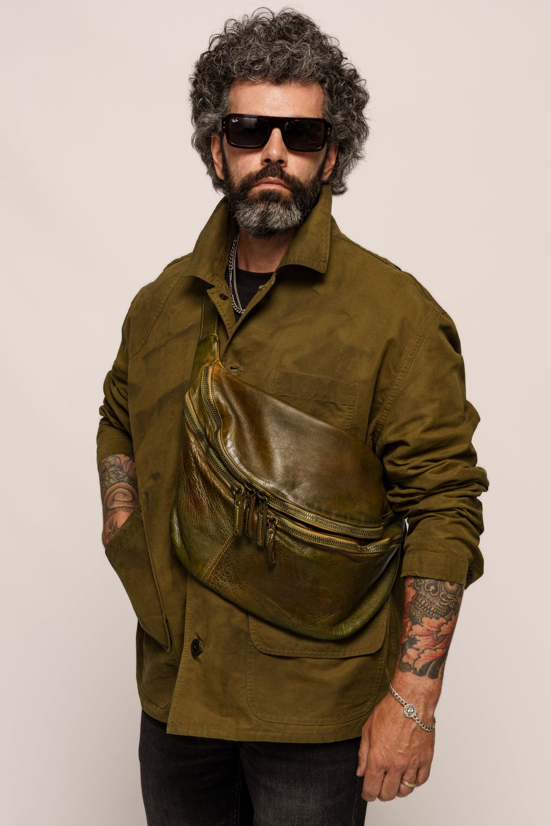 LUSHER MEN'S XL LEATHER SLING BAG, MEN'S iPad SLING BAG LEATHER, SOFT MEN'S DISTRESSED LEATHER CROSSBODY BAG, MEN'S CAMOFLAUGE GREEN SLING BAG, LUSHER SLING BAGS