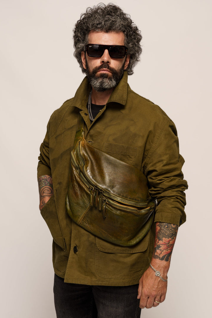 LUSHER MEN'S XL LEATHER SLING BAG, MEN'S iPad SLING BAG LEATHER, SOFT MEN'S DISTRESSED LEATHER CROSSBODY BAG, MEN'S CAMOFLAUGE GREEN SLING BAG, LUSHER SLING BAGS