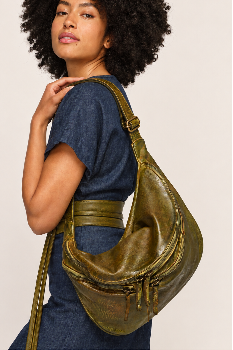 Lusher XL Urban Sling Bag in camouflage green, oversized soft leather crossbody sling bag, green leather hobo