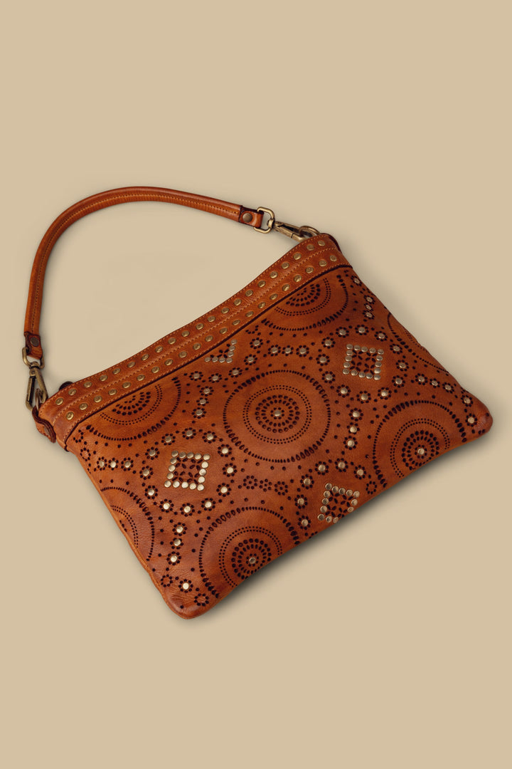 LUSHER WING POUCH COGNAC, BAYSIDE84 POUCH WITH STUDS AND LASER DETAILS, BAYSIDE84 WING POUCH, COGNAC LEATHER CROSSBODY POUCH