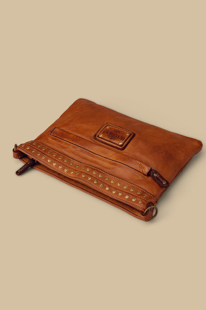 LUSHER WING POUCH COGNAC, BAYSIDE84 POUCH WITH STUDS AND LASER DETAILS, BAYSIDE84 WING POUCH, COGNAC LEATHER CROSSBODY POUCH