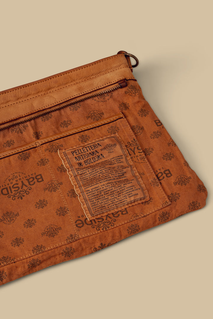 LUSHER WING POUCH COGNAC, BAYSIDE84 POUCH WITH STUDS AND LASER DETAILS, BAYSIDE84 WING POUCH, COGNAC LEATHER CROSSBODY POUCH
